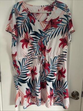 Tropical Floral V-Neck Drawstring Coverup. White with blue and pink.